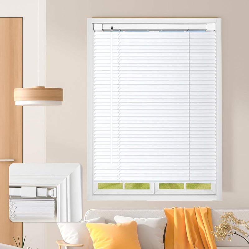 AURILOFT No Tools No Drill Cordless Mini Blinds 29" Wx 48" H, 1" L-Shaped Blades, Horizontal Vinyl Blinds for Indoor Windows, White - Image 1